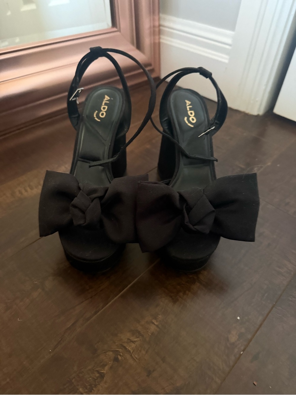 Aldo Black Bow Platform Heels with Ankle Straps